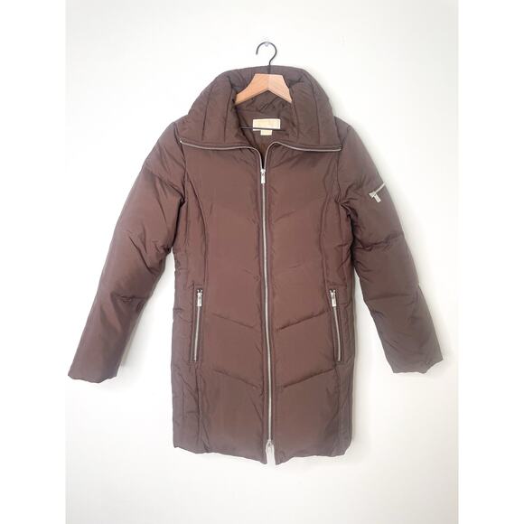 Michael Kors Brown Quilted Down Puffer Coat Womens Small Zip Front Winter Jacket - Picture 1 of 10